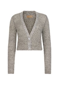 Avklippt kofta i en fläckig grå stickning med V-ringning, långa ärmar och två knappar fram. Mjuk textur och avslappnad passform.