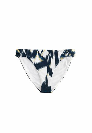 Parte inferiore del bikini con un motivo astratto blu navy, bianco e giallo. Realizzata in tessuto elasticizzato con un taglio classico e dettagli arricciati ai lati.
