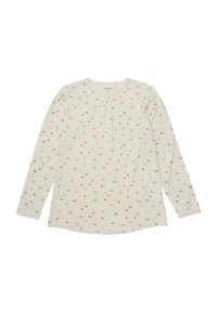 Langarm, crèmekleurig top met een bloemenprint in lichtroze en grijs. Bevat gathered details bij de halslijn en kantafwerking bij de mouwen.