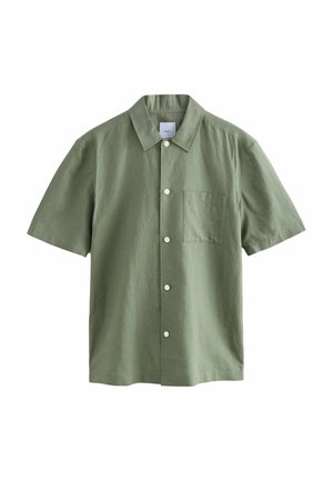 Green short-sleeve button-up shirt made of a lightweight material. Features a collar, front pocket, and white buttons on the placket.