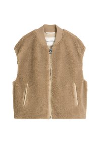 Beige Fleeceweste mit Reißverschluss vorne, geripptem Kragen und zwei Seitentaschen. Verfügt über einen weichen, strukturierten Außenstoff und ein minimalistisches Design.