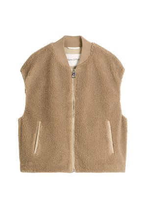 Beige fleecevest met een ritssluiting aan de voorkant, een geribbelde kraag en twee zijzakken. Heeft een zachte, gestructureerde buitenstof en een minimalistisch ontwerp.