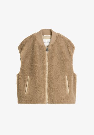 Beige fleecevest met een ritssluiting aan de voorkant, een geribbelde kraag en twee zijzakken. Heeft een zachte, gestructureerde buitenstof en een minimalistisch ontwerp.