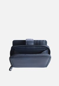 Navy leather wallet with a zip closure, multiple card slots, and a textured finish. Features a top flap and a small zipper pull tab.