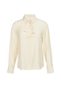 Romige, gestructureerde blouse met een kraag, strikdetail rond de hals, lange mouwen en een knoopsluiting aan de voorkant. Heeft een losse pasvorm en zachte stof.