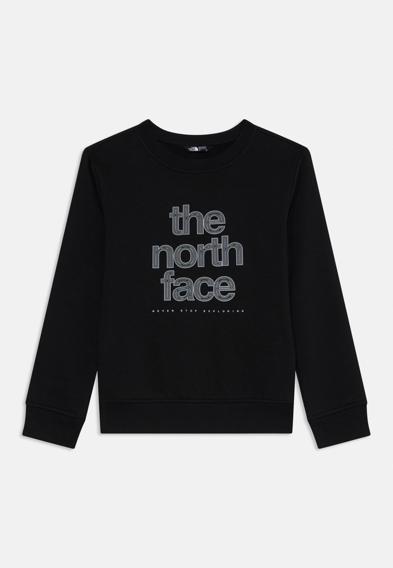 Sudadera negra con puños y cuello acanalados, que presenta "the north face" en letras blancas gruesas en el pecho. Fabricada en material suave.