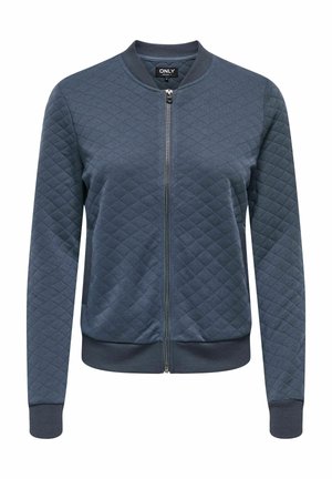 Veste bomber matelassée bleu marine avec fermeture éclair à l'avant, col, poignets et ourlet côtelés, étiquette "ONLY" à l'intérieur du col.