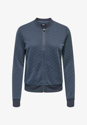 Quiltet mørkeblå bomberjakke med glidelås foran, ribbet krage, mansjetter og kant, merket "ONLY" inne i kragen.