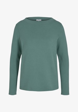 Pull à manches longues, col rond, vert sarcelle, avec une texture en maille lisse et une étiquette Tom Tailor à l'intérieur du col.
