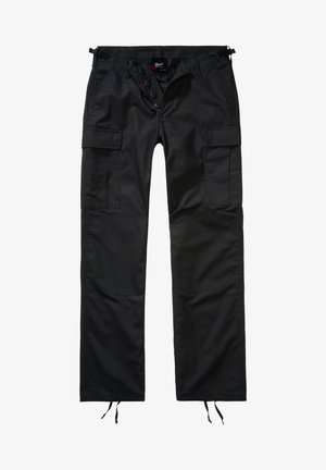 Črne cargo hlače iz trpežnega materiala, z več žepi, gumbom na zadrgi in prilagodljivimi vezalkami pri gležnjih.