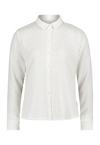 White collared shirt with long sleeves, textured fabric featuring vertical pleats, front button closure, and classic cuffs.