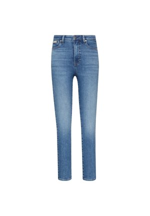 Ozke kavbojke iz srednje modrega jeansa. Imajo visok pas, pet žepov in kontrastne šive po celotni površini.