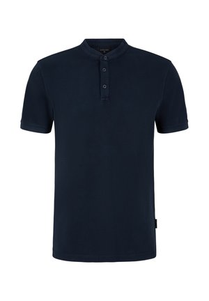 Marineblaues Kurzarm-Polohemd mit Stehkragen, Drei-Knopf-Leiste und glatter Baumwolloberfläche. Keine sichtbaren Muster oder Akzente.