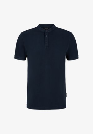 Marineblaues Kurzarm-Polohemd mit Stehkragen, Drei-Knopf-Leiste und glatter Baumwolloberfläche. Keine sichtbaren Muster oder Akzente.