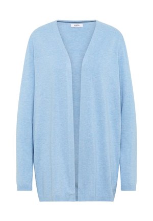 Cardigan bleu clair en tissu tricoté doux, avec un col en V, une ouverture frontale, des manches longues et des poignets et un ourlet à côtes.