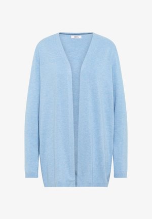 Lyseblå cardigan lavet af blødt strikstof, med V-hals, åben fortil, lange ærmer og ribbede manchetter og kant.