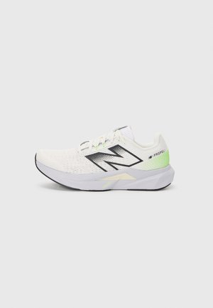 White running shoe with mesh upper, black and neon green accents, a cushioned sole, and a streamlined design for optimal performance.