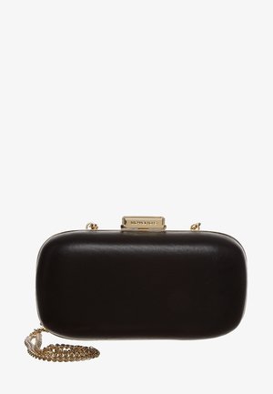 Schwarze rechteckige Lederclutch mit abgerundeten Kanten, goldener Kettenriemen und goldenem Verschluss mit eingraviertem "Michael Kors"-Logo.