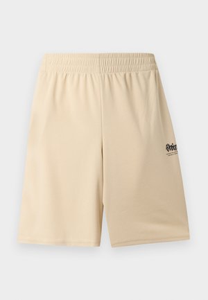 Pantaloni scurți bej cu talie elastică și text mic cu logo negru pe coapsa dreaptă, realizați dintr-un material texturat.