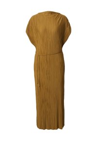 Faltenreiches senfgelbes Kleid mit rundem Ausschnitt, kurzen Ärmeln und gebundenem Taillengürtel. Hergestellt aus einem glatten, fließenden Stoff.