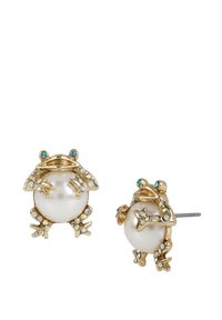 Gold frog-shaped earrings featuring a large pearl center, decorated with multicolored rhinestones and turquoise accents.