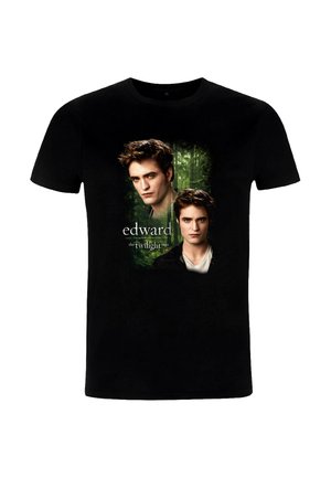 T-shirt noir avec deux portraits d'Edward de la saga Twilight sur un fond de forêt, avec le texte "Edward la saga Twilight."