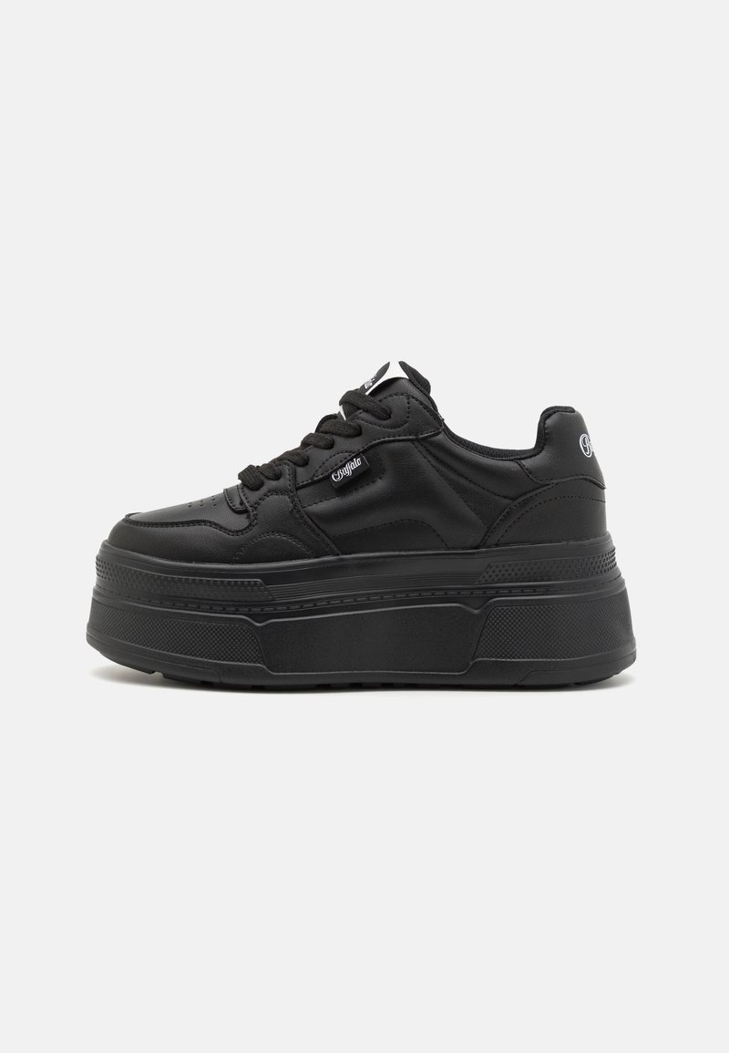 Black platform sneakers with a smooth leather upper, round toe, lace-up front, and textured rubber sole featuring geometric accents.