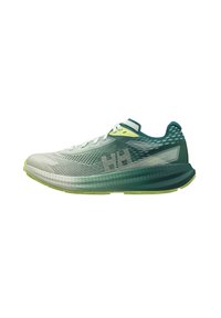Zapatilla de running con una parte superior de malla ligera en degradado de teal y gris, que cuenta con una suela acolchada y acentos reflectantes. Los cordones son de color blanco.