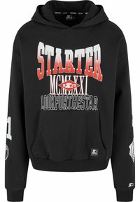 Čierna mikina s kapucňou a prednou vreckom, s odvážnym bielym a červeným grafickým textom „STARTER“, „MCMLXXI“ a „LOOKFORTHETSTAR“, spolu s detailmi loga.