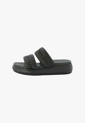 Black slide sandals with two woven straps, a thick contoured sole, and textured grip patterns on the sole for traction and comfort.