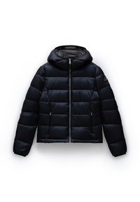 Sort polstret jakke med hætte, der har lynlås lukning, to frontlommer og et quiltet design. Fremstillet af glat, vandafvisende materiale.