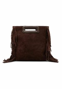 Bruine suède handtas met een rechthoekige vorm, franjes aan de zijkanten en een handvat aan de bovenkant met een rechthoekige uitsparing. Geleverd met een doorlopende, getextureerde oppervlakte.