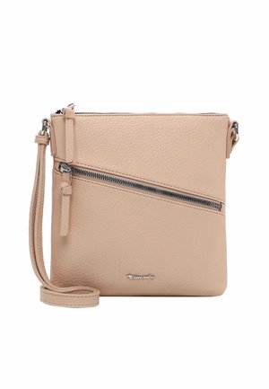 Sac bandoulière en cuir beige avec sangle réglable, poche zippée diagonale à l'avant et petit logo de marque argenté au centre en bas.