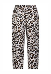 Leopard print trousers with an elastic waistband, featuring black and tan spots on a white background, designed for a relaxed fit.