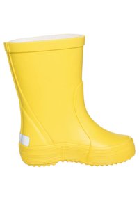 Botte en caoutchouc jaune avec un extérieur lisse, un bout arrondi, une semelle texturée et un accent blanc près du bord supérieur. Doublure intérieure pour le confort.