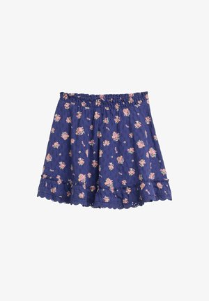 Marineblaue Blumentunika mit volantrim, elastischem Taillenzug und rosa Blumen, die über den Stoff verstreut sind. Aus leichtem Material gefertigt.