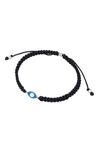 Schwarzes geflochtenes Schnurarmband mit charmantem blauen Augenmotiv und kleinen silbernen Akzenten. Verstellbar mit einem Zugknotenverschluss.
