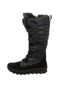 Schwarze kniehohe Winterstiefel mit gepolstertem Obermaterial, Kunstfellbesatz oben und strukturiertem Gummisohle. Verfügt über ein Schnürdesign.