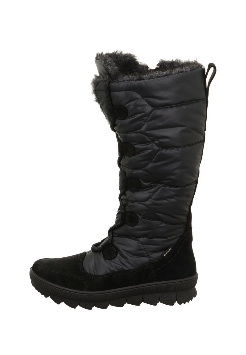 Schwarze kniehohe Winterstiefel mit gepolstertem Obermaterial, Kunstfellbesatz oben und strukturiertem Gummisohle. Verfügt über ein Schnürdesign.