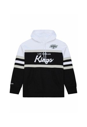Felpa con cappuccio a righe bianche, nere e grigie, tasca frontale e logo e scritta Los Angeles Kings sul petto e sulle maniche.