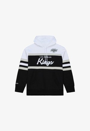 Bluza z kapturem w białe, czarne i szare paski, przednia kieszeń oraz logo i napis Los Angeles Kings na piersi i rękawach.