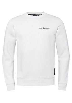 Vit sweatshirt i bomull, med klassisk rund hals, ribbade ärmslut och nederkant, samt en liten svart "Sail Racing"-logotyp på bröstet.