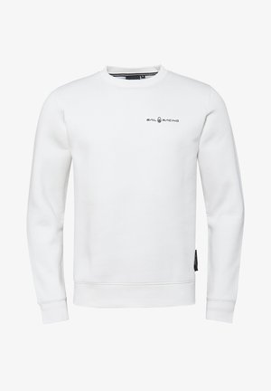 Sudadera blanca de algodón, con un clásico cuello redondo, puños y dobladillo acanalados, y un pequeño logotipo negro de "Sail Racing" en el pecho.
