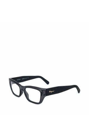 Occhiali da vista rettangolari neri con montatura e aste spesse, con logo dorato "Ferragamo" sul lato.