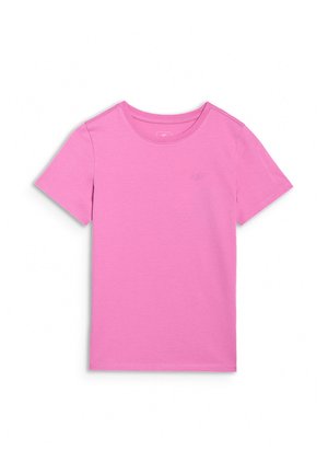 Prostych różowy t-shirt z krótkim rękawem, okrągłym dekoltem i małym subtelnym logo na lewym biuście.