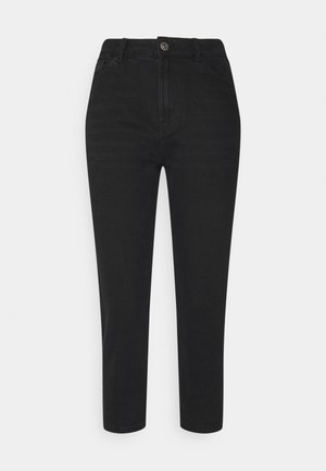 Zwarte jeans met hoge taille in slim fit, voorzien van knoop- en ritssluiting, voor- en achterzakken, weergegeven op een witte achtergrond.