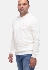 Maglione crema con maniche lunghe, polsini e orlo a coste, con testo rosso ricamato sul petto. Indossato con jeans blu.