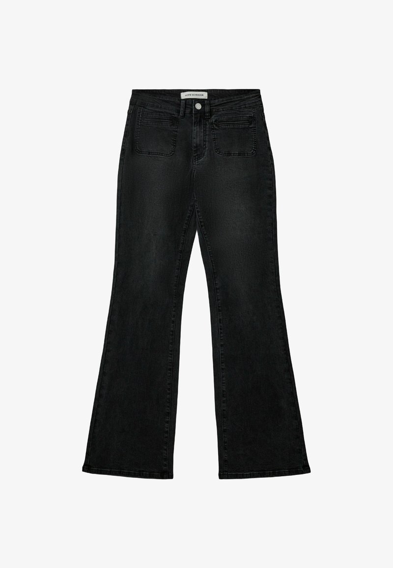 Črne razširjene jeans hlače iz denima, s srednje visokim pasom, tradicionalnim pet-žepnim dizajnom in zbledelim videzom. Zapiranje z gumbom spredaj.