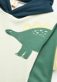 Felpa con cappuccio di un verde chiaro, caratterizzata da un'applicazione di un dinosauro verde con spine gialle. Tessuto morbido, il design è a blocchi di colore e include accenti blu scuro.