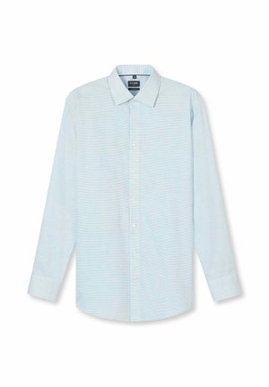 Lichtblauw herenoverhemd met knopen, subtiele horizontale strepen, lange mouwen en een klassieke kraag.